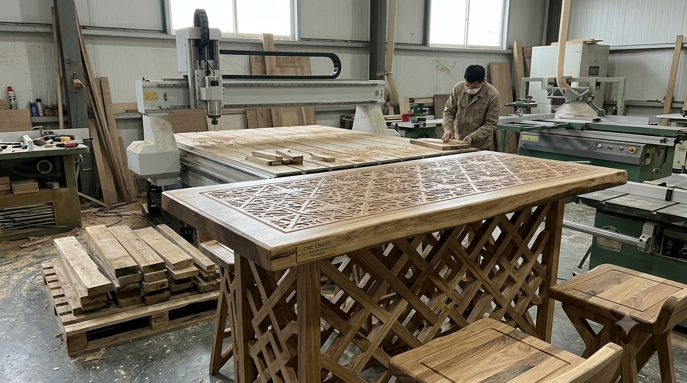 A craftsman shaping an intricately patterned tabletop at the workbench