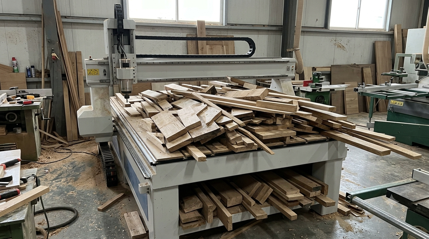 Stacks of freshly cut hardwood beside a CNC machine in the Timber workshop